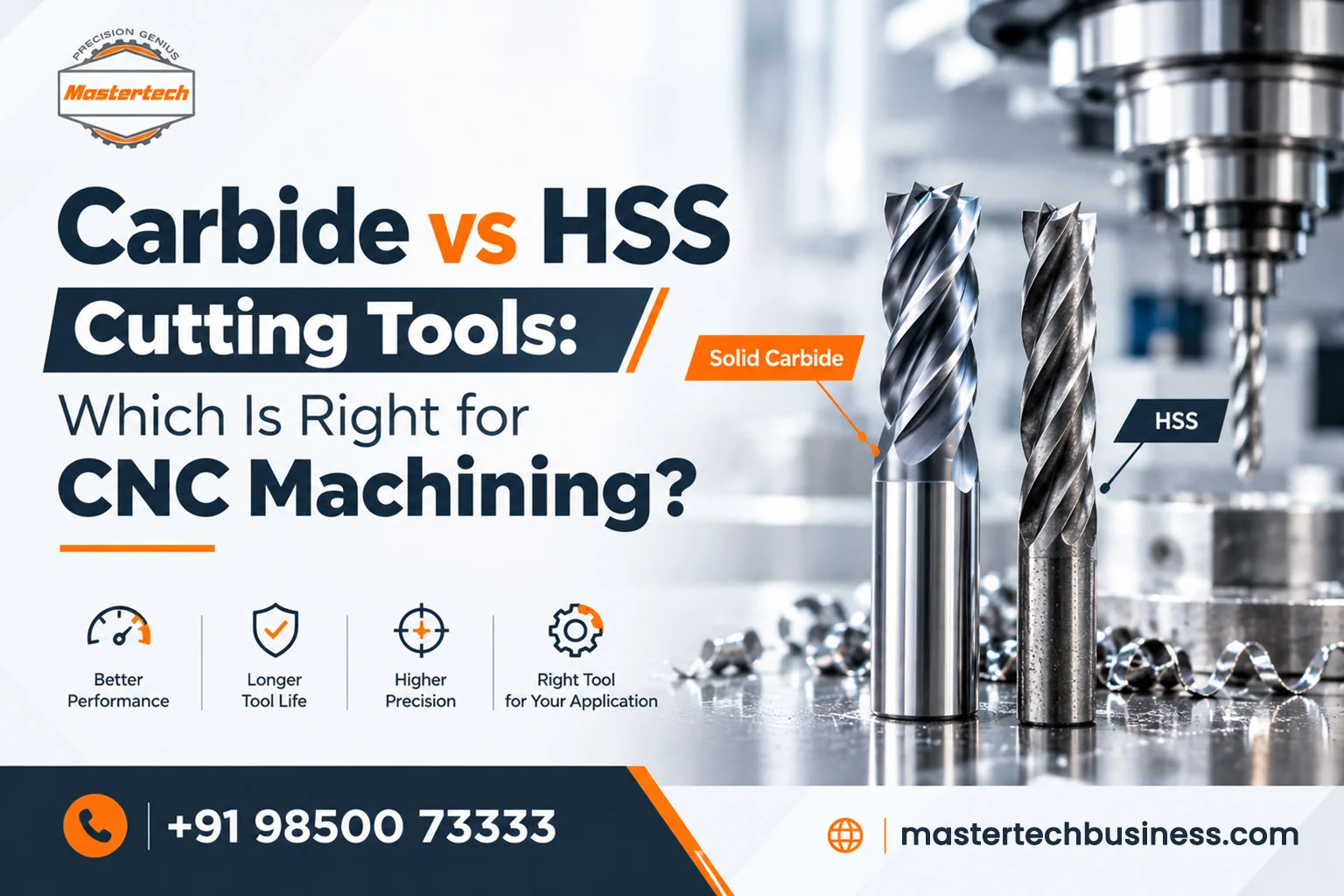 Solid carbide and HSS end mills compared for CNC machining, by Mastertech cutting tools manufacturer in Pune