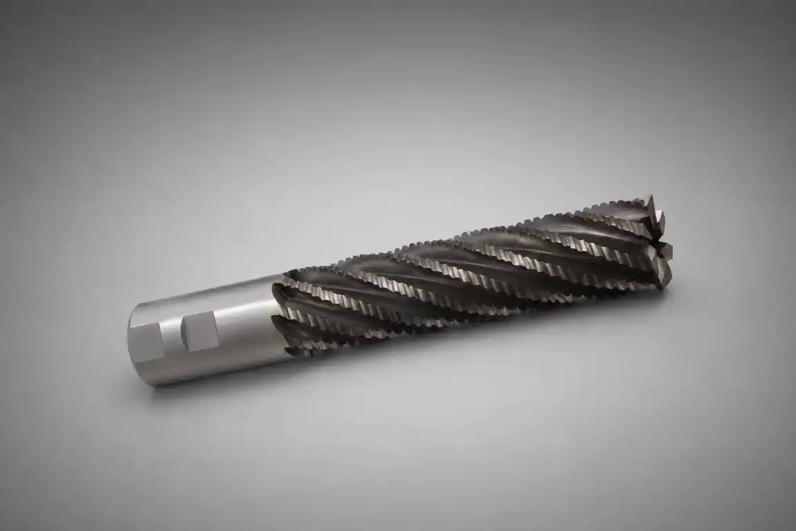 Solid carbide roughing end mill with serrated flutes for heavy stock removal